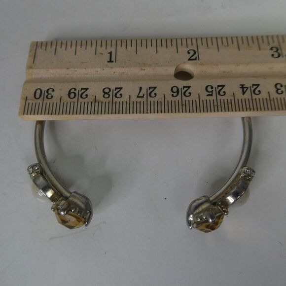 Rhinestone Silver Tone Cuff Bracelet Sparkly Yellow Amber Round Stone Modern - Picture 6 of 6